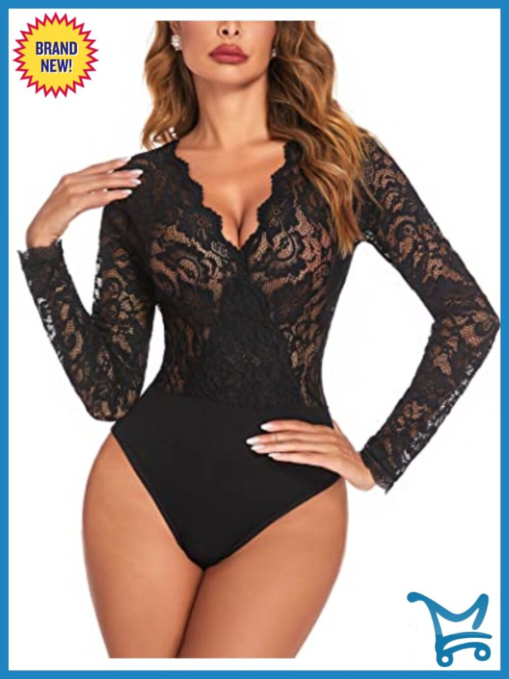 Lace Bodysuit Long Sleeve V Neck Snap Crotch Bodycon Slim Fit Top